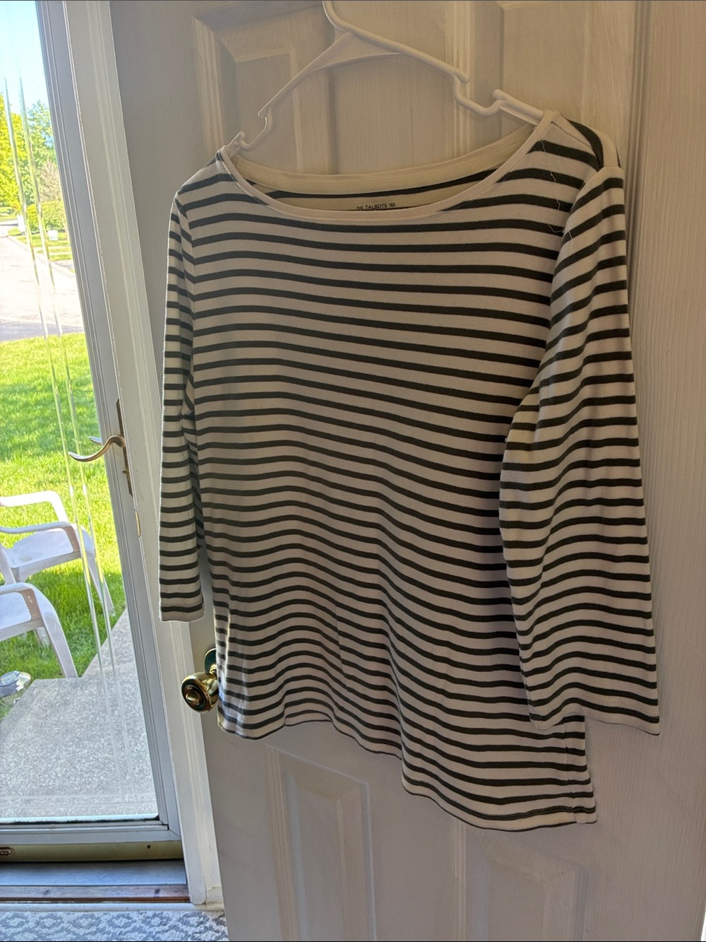 Talbots Green and White Striped Boatneck Long-Sleeve Top